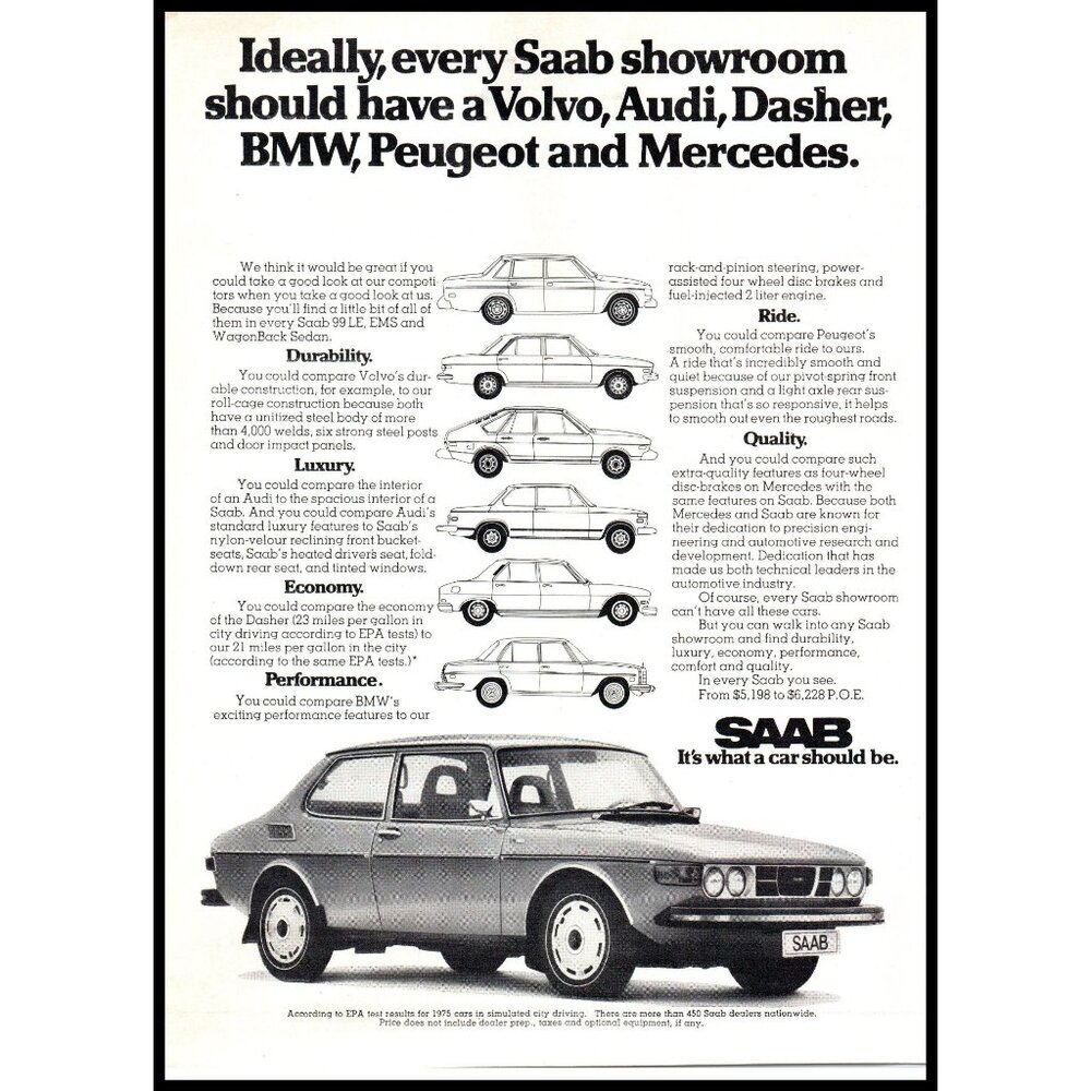 1975 Saab 99 Coupe Vintage Print Ad Side View Front Grill Wall Art Photo